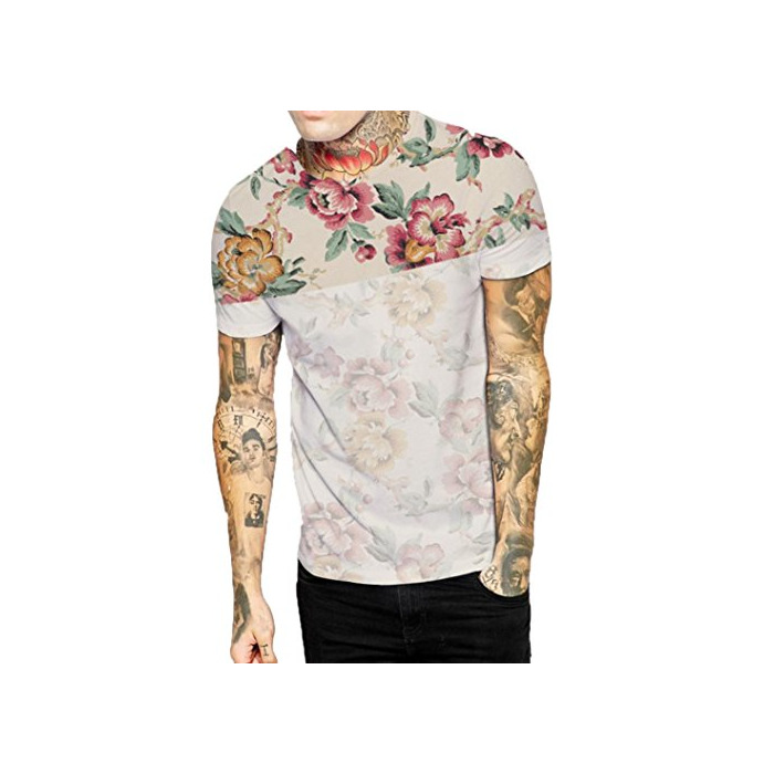 Moda Cinnamou Camiseta de Manga Corta Estampada Flores Hombres Cuello Redondo Blusas y