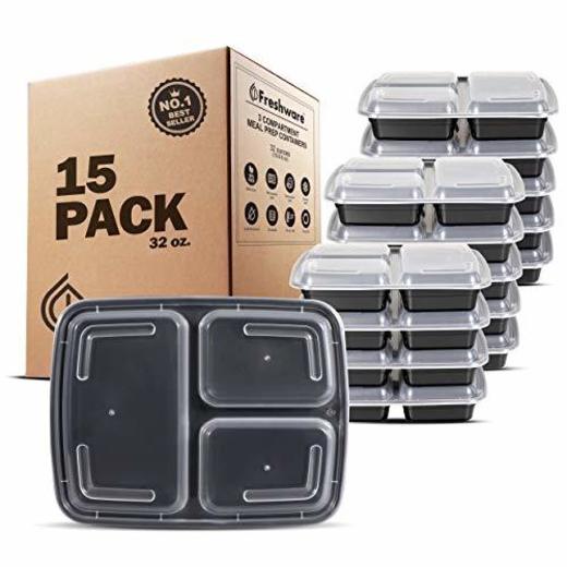 Freshware 15-Pack 3 Compartment Bento Lunch Boxes with Lids - Stackable, Reusable,