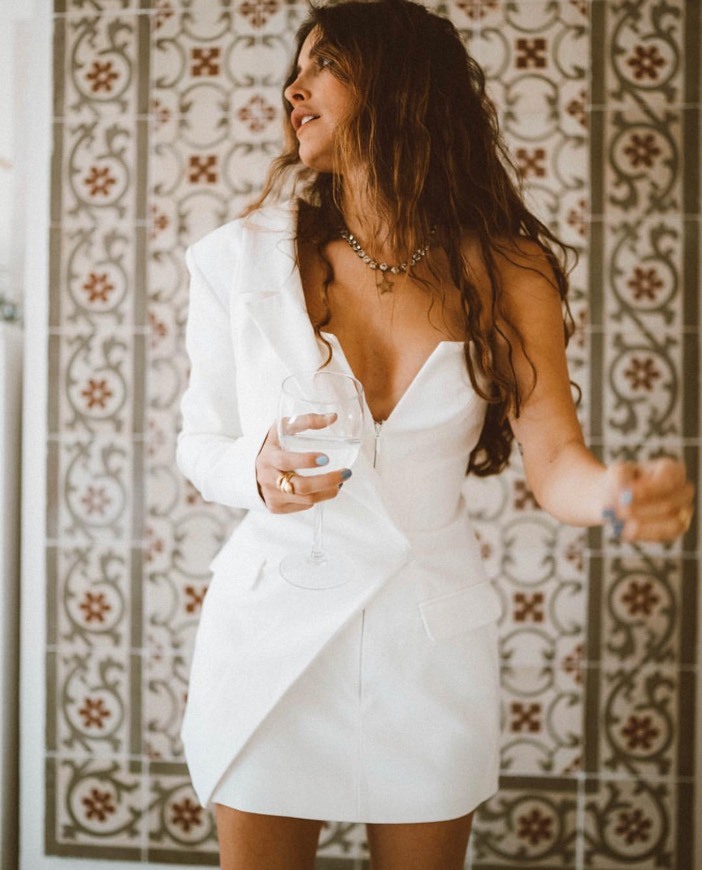 Restaurants Clothing : Jackets : 'Febe' White Crepe One Sleeved Tuxedo Dress