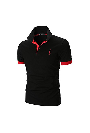 YCUEUST Polo para Hombre Manga Cortas Bordado Contrast Collar Golf Camiseta Negro