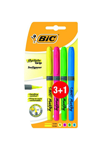 BIC Highlighter Grip - Blíster de 3+1 marcadores fluorescentes