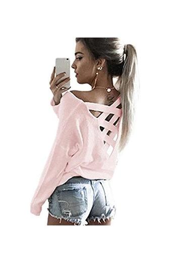 Minetom Mujeres Camiseta Con Manga Larga Escotado por Detrás Camisa Blusa T-shirt Blouses Pullover Sudadera Pink ES 44