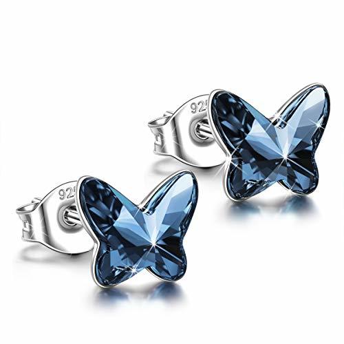 Fashion ANGEL NINA Pendientes Mariposa Mujer 925 Plata con Cristales Swarovski Azul Aretes