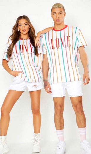 Pride Loose Fit Stripe T-Shirt With Love Print - boohooMAN