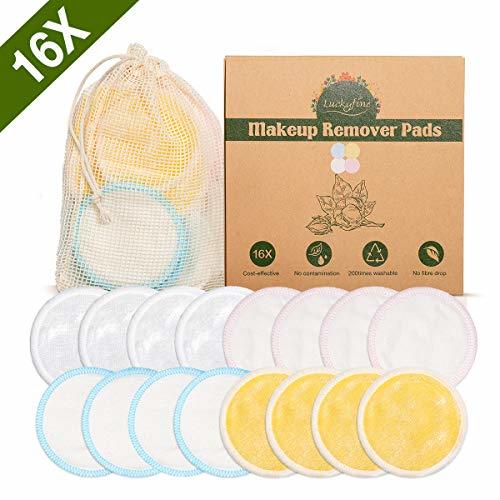 Beauty Luckyfine 16Pcs Almohadillas Desmaquillantes Reutilizables Discos Desmaquillantes de Bambú y Algodón