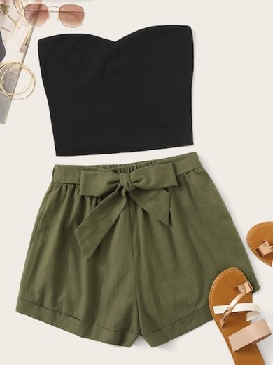 Solid Tube Top & Belted Shorts Set 
