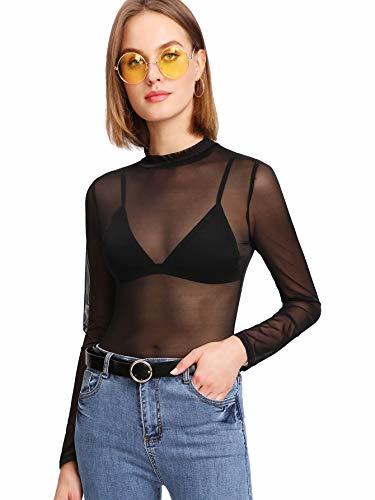 SOLY HUX Mujer Transparente Mangas Largas Camiseta Blusa Elegante Moda Oficina Casual