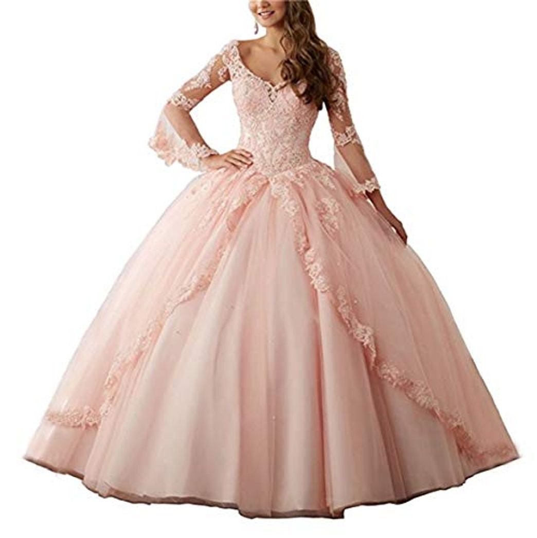 Lugar XUYUDITA Mujeres V-Cuello Encaje Aplique Dulce 16 Vestido de Baile Vestido Quinceanera