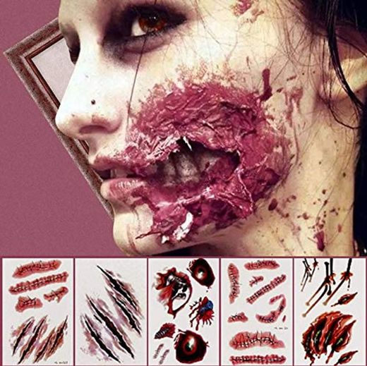 Kesote 24 Hojas Pegatinas de Tatuajes de Halloween Tatuajes Temporales con Falso Scab Cicatrices Sangre para Fiesta de Disfraz Cosplay Halloween