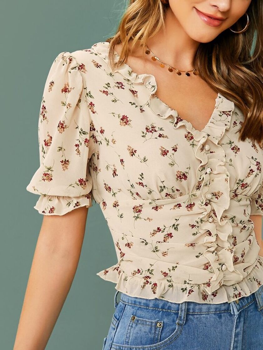 Moda Shein: Caqui Babado Floral Boho Blusas