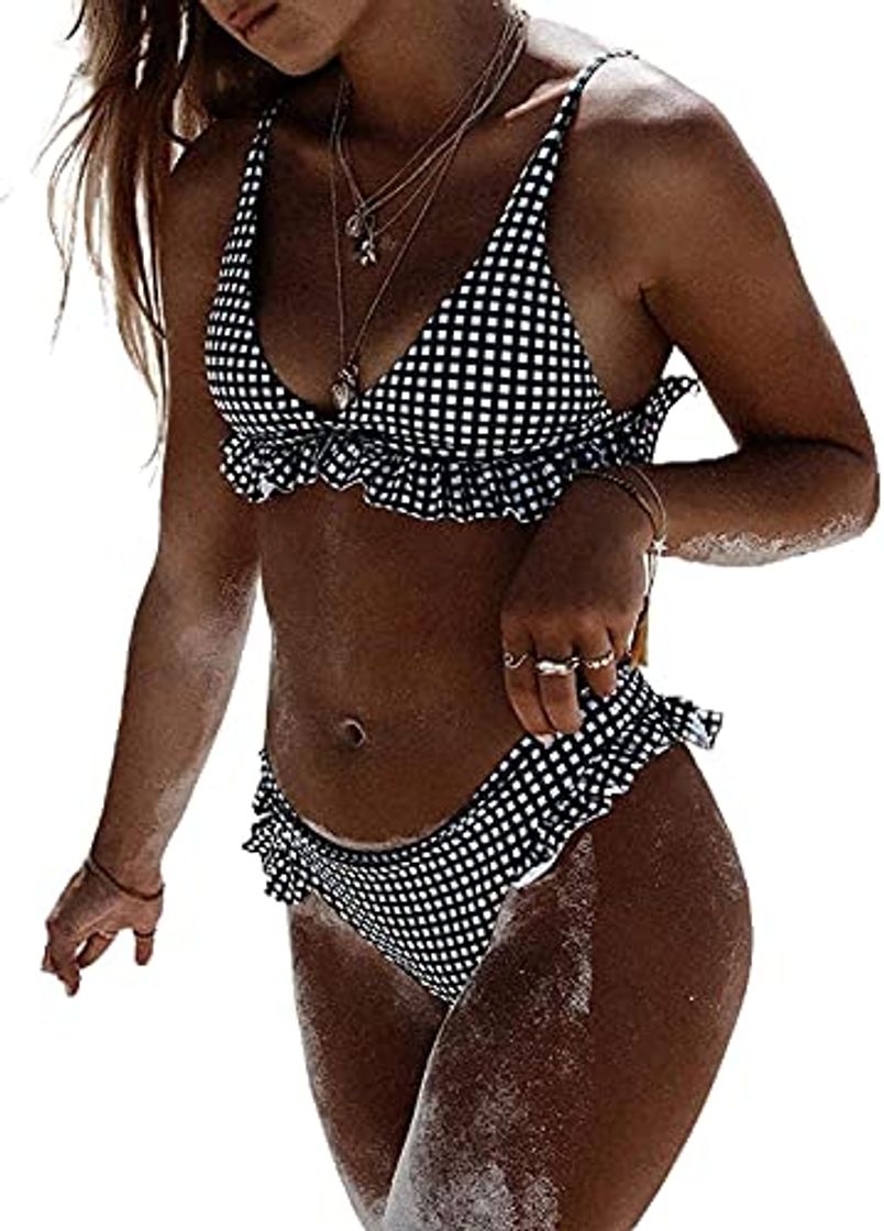 Moda Bikini para Mujer con Relleno Push Up Traje de Baño Tartán Bañador de Dos Piezas a Cuadros