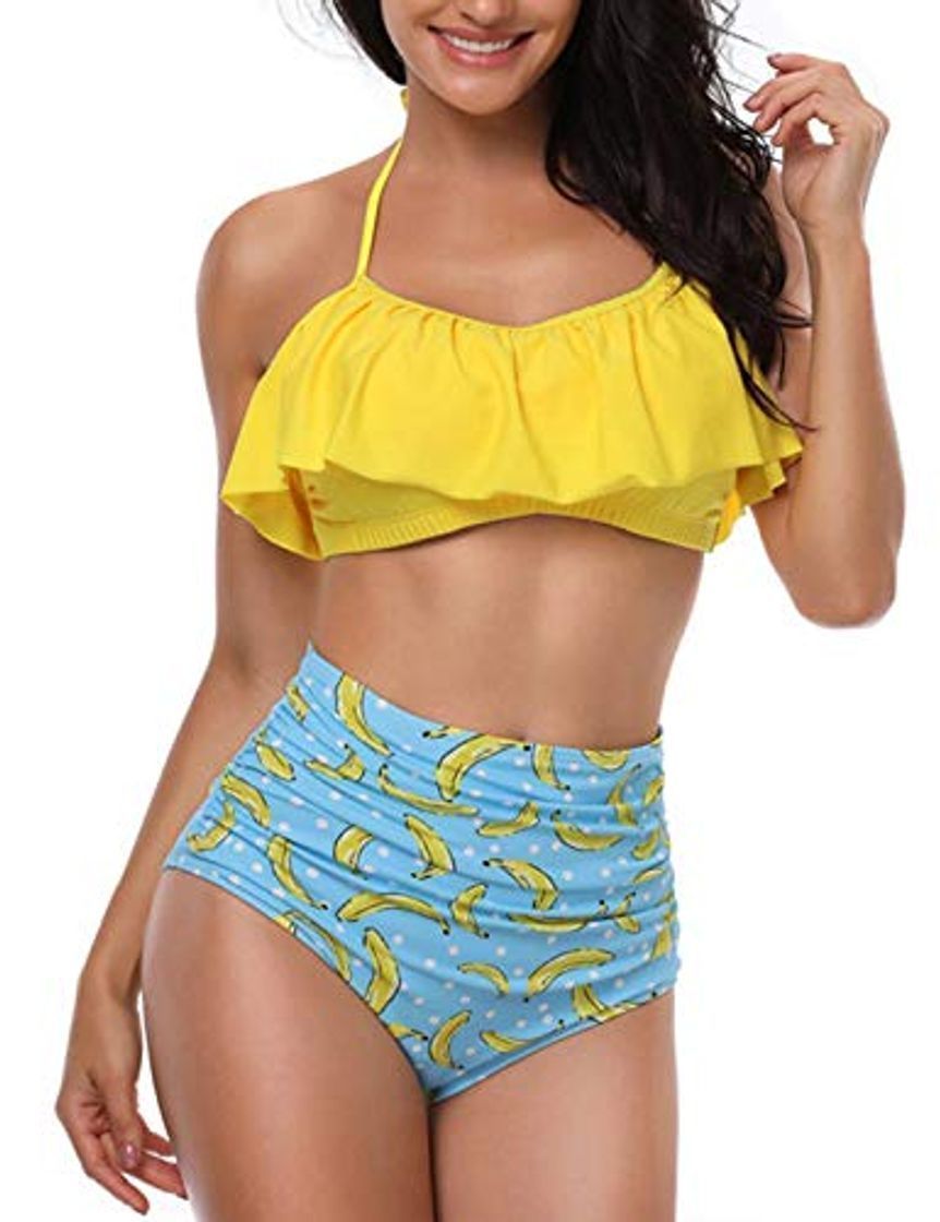 Moda heekpek Bikini Mujer con Volantes Halter Top Relleno Cintura Alta Biquini Tallas