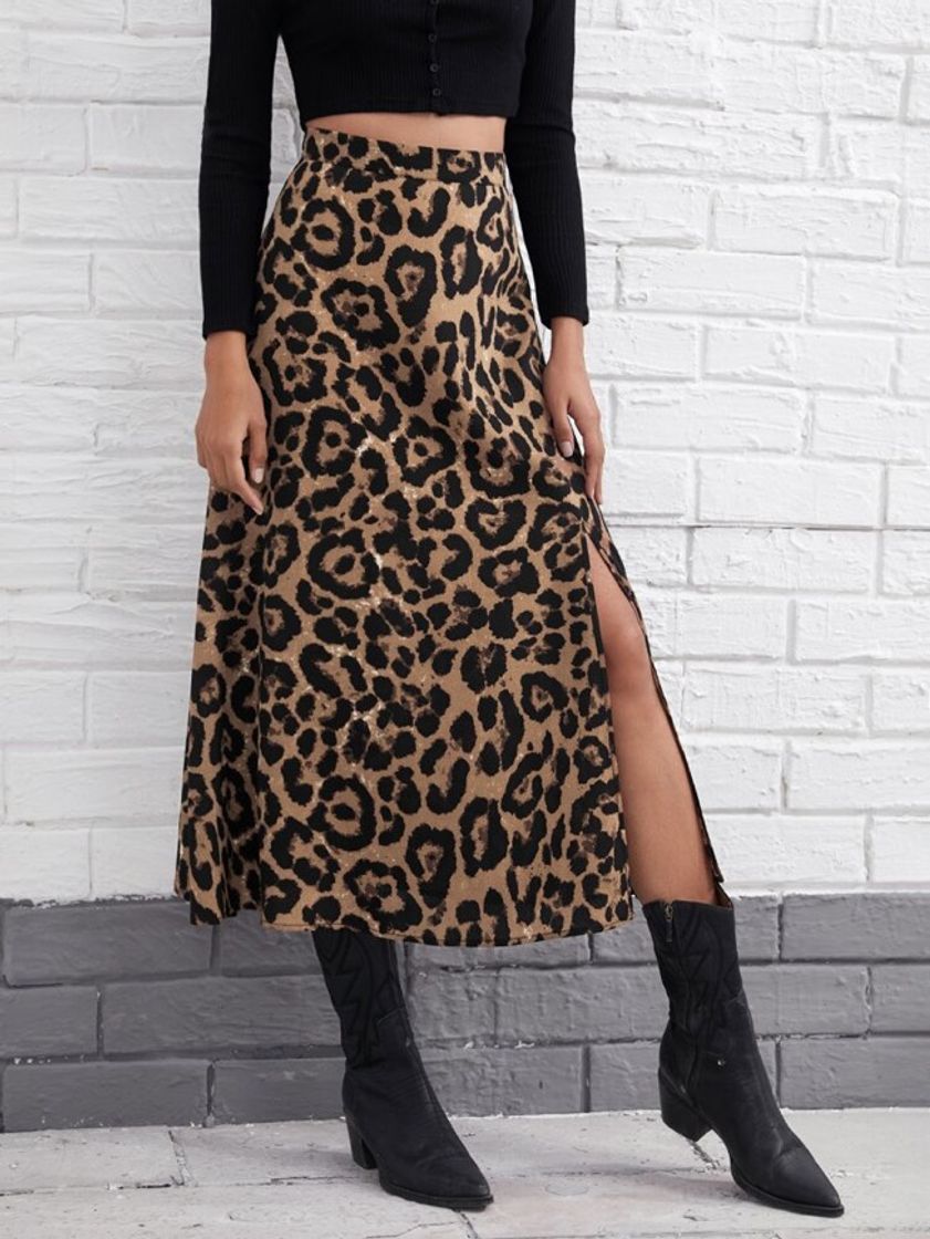 Moda Zipper Side Split Thigh Leopard Skirt