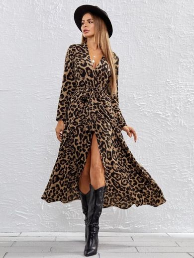 Leopard Print Self Belted Wrap Dress