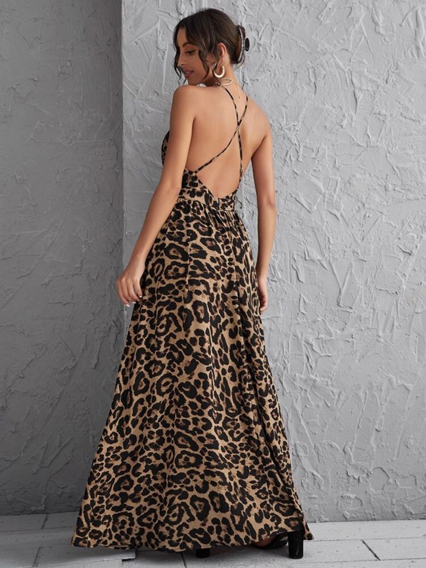 Producto Plunging Neck Crisscross Open Back Leopard Dress