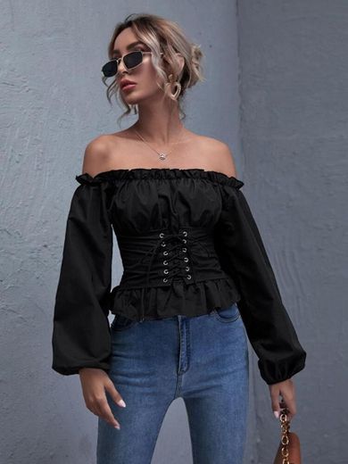 Off Shoulder Lace Up Peplum Top