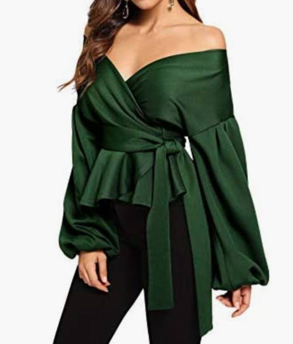 Moda Amoretu Camisa Mujer Manga Larga Flare Blusa Verde Delgado Color Sólido Camisa Cuello en V Botones Top S