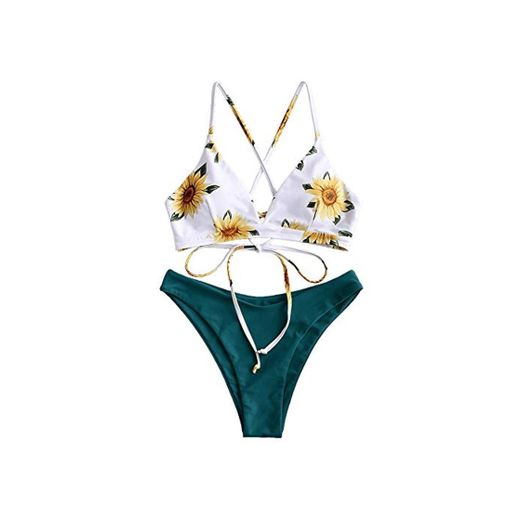 Zaful - Conjunto de bikini acolchado con diseño de girasol