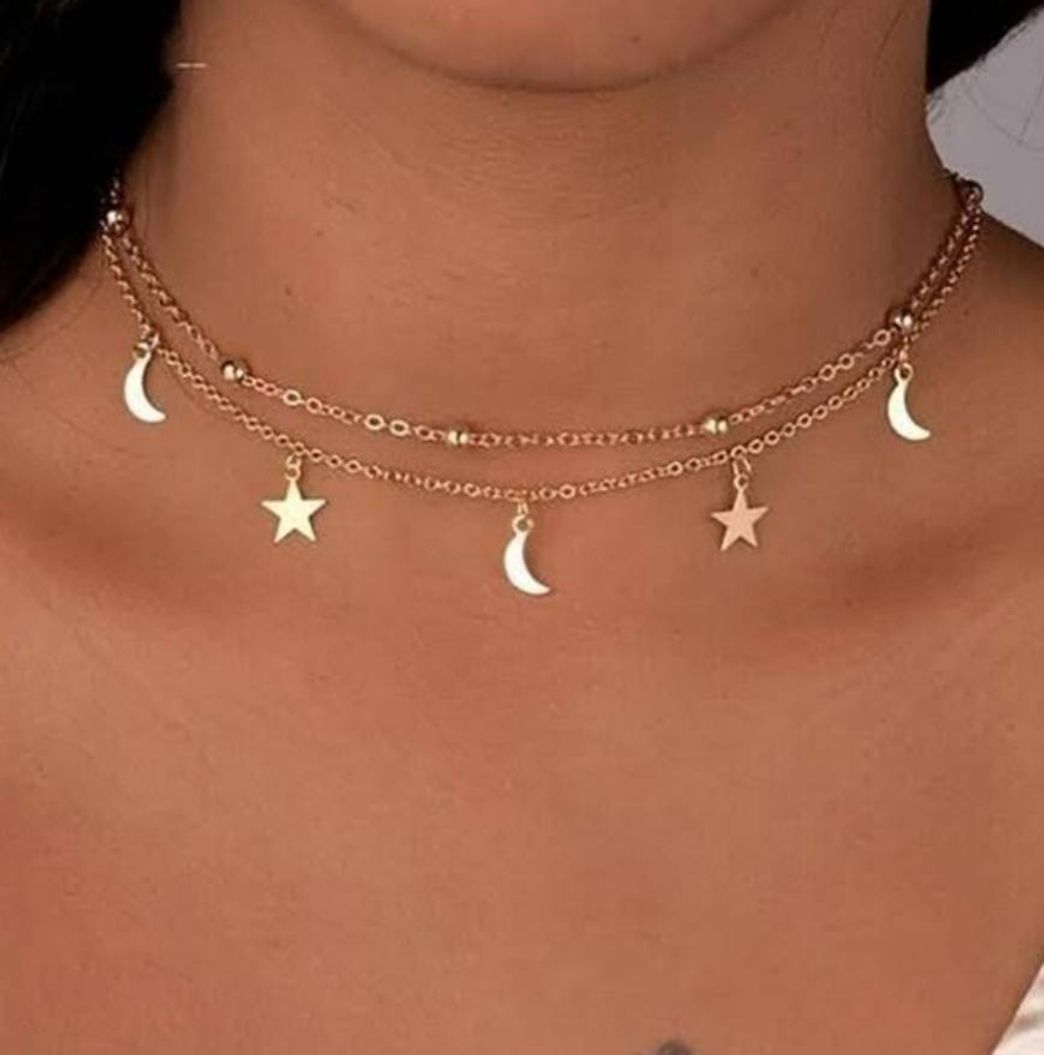 Moda Colar bead dupla lua estrelas dourado