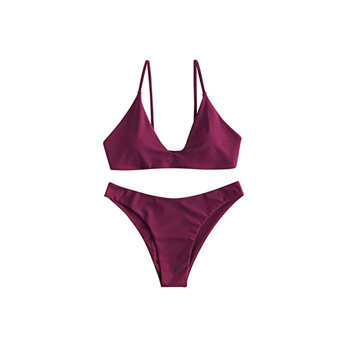 Product ZAFUL Traje de baño de dos piezas de bikini de corte alto acolchado para mujer Rojo rojo vino S