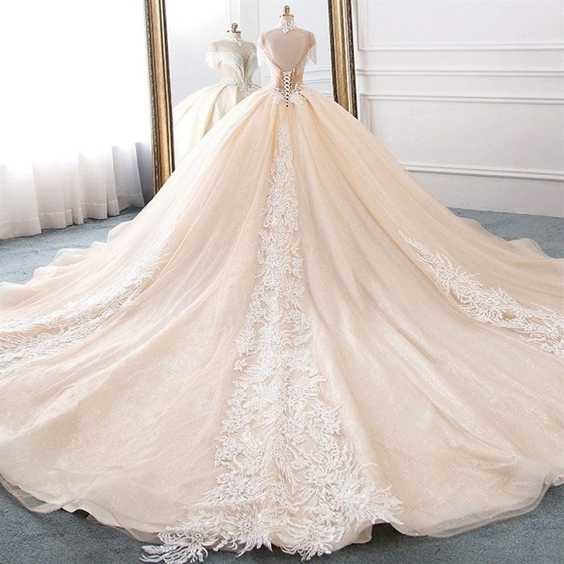 Fashion Vestido de novia de gasa de encaje de tul de novia vestido de la llegada de cuello alto de bola del vestido de boda de los vestidos de la princesa de la borla de las mangas del traje brillante Mariee