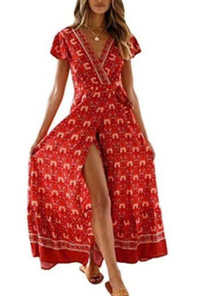 Producto Vestido Mujer Bohemio Largo Verano Playa Fiesta Floral Manga Corta Cuello en V Talla Split Wrap Maxi Vestidos 5 XL