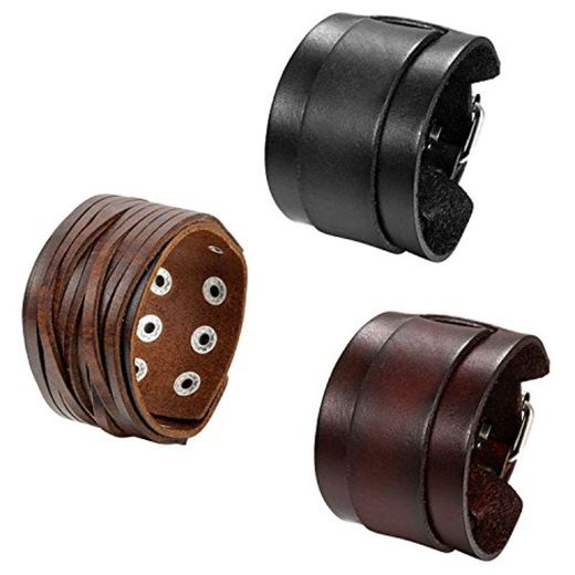 OIDEA Pulseras Hombre Cuero Piel 3 Pcs Trenzado Brazalete Punk Rock Botón