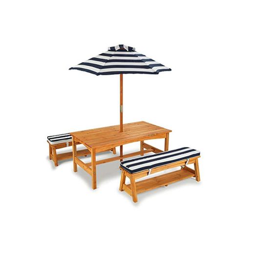 KidKraft- Conjunto de bancos y mesa de madera para exteriores con almohadones