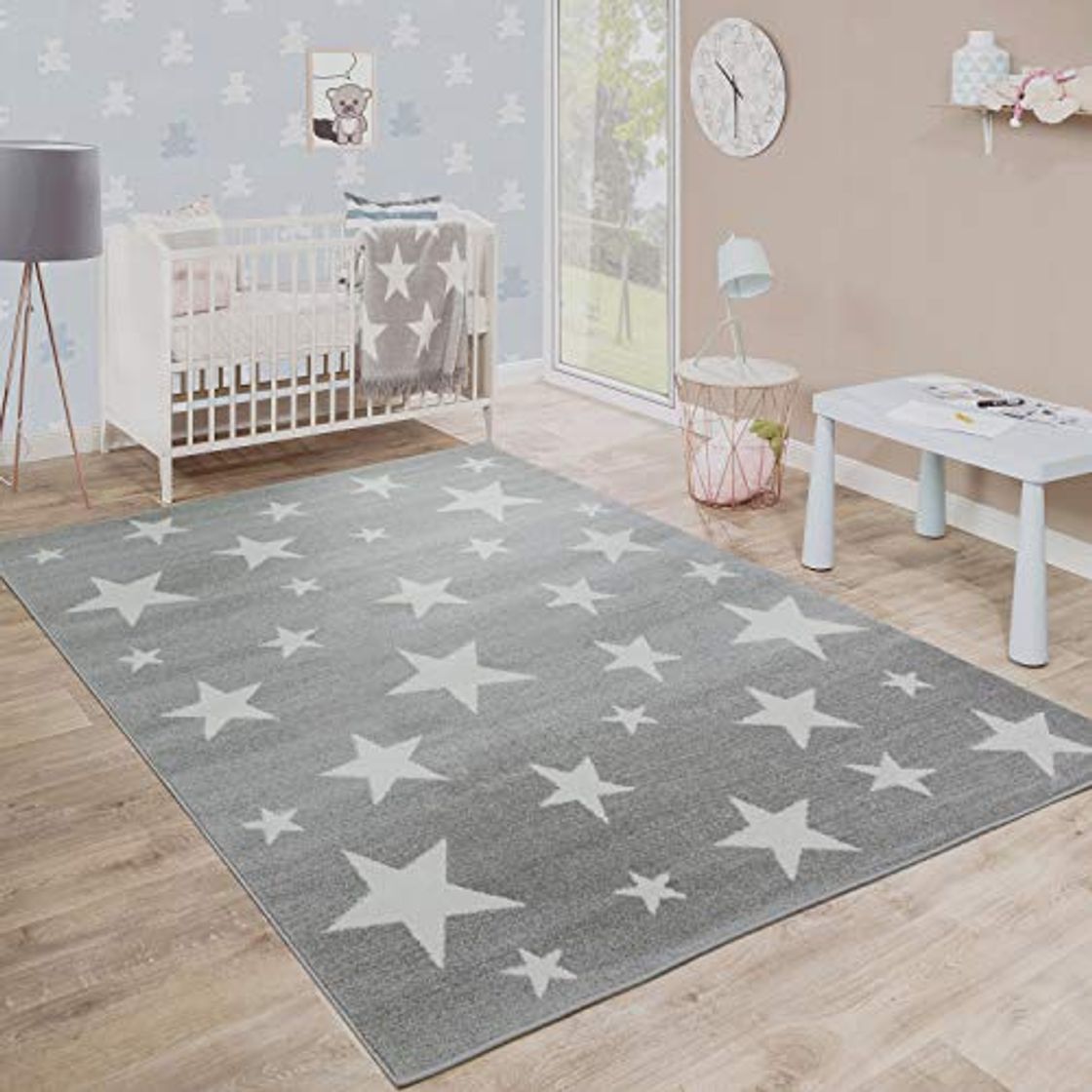 Producto Moderna Alfombra Pelo Corto Estrellas Habitación Infantil Estampado Gris Blanco, tamaño