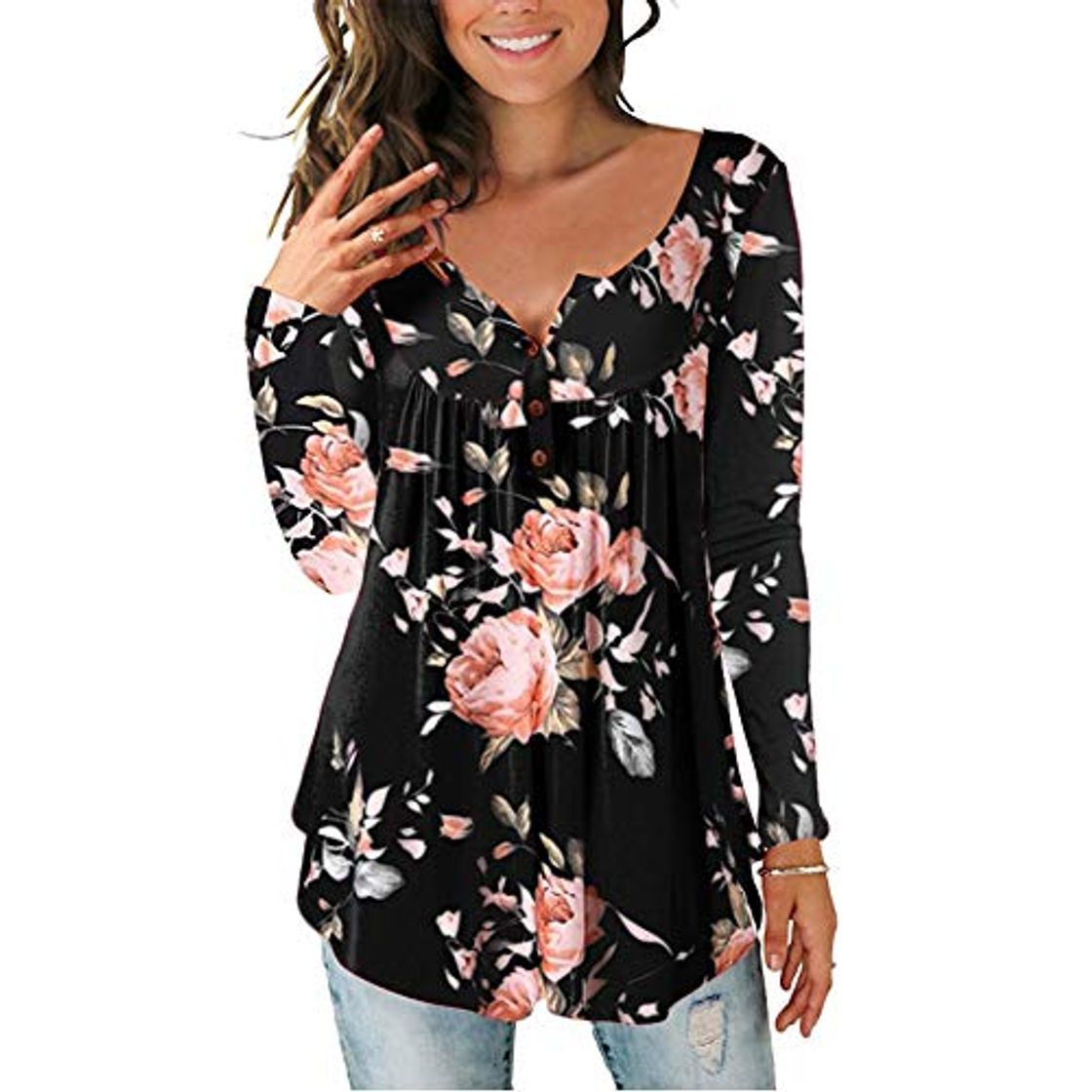 Fashion Lazzon Camisas Manga Larga Mujer Blusa Casual Suelto Túnico Botones Talla Tops Grande Otoño Invierno