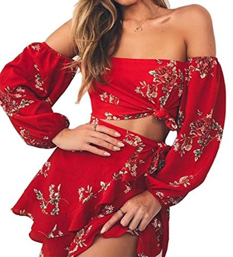 Longwu Mujer Boho Flower Impreso Off Shoulder Outfits Conjunto de Dos Piezas