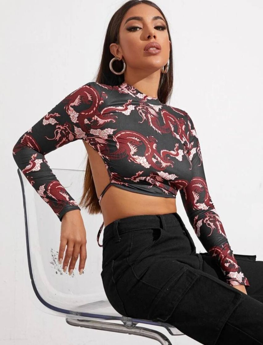 Social Camiseta Corta De Espalda Abierta Con Estampado De Dragón🐉