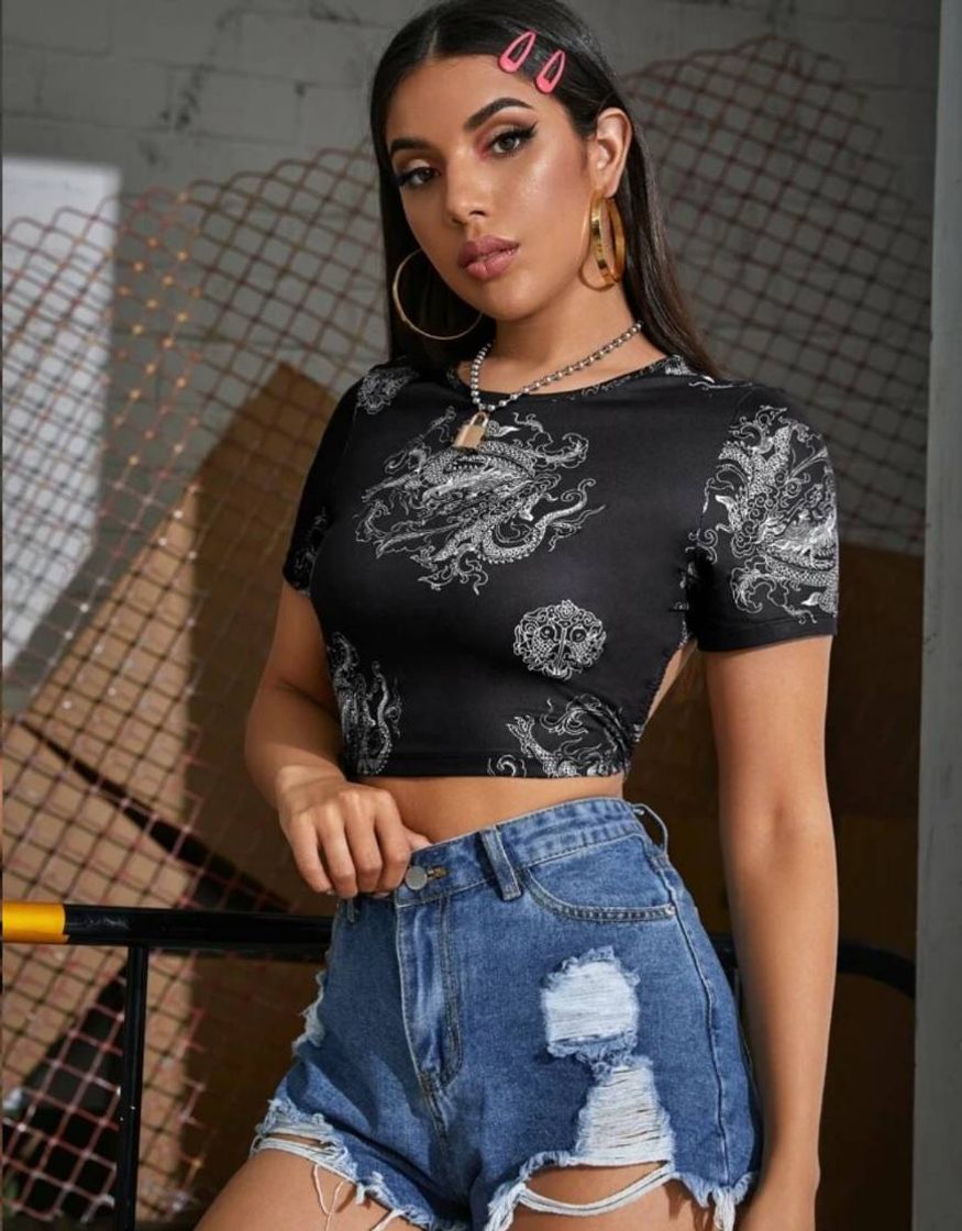 Social  Top Corto Con Estampado De Dragón De Espalda Abierta