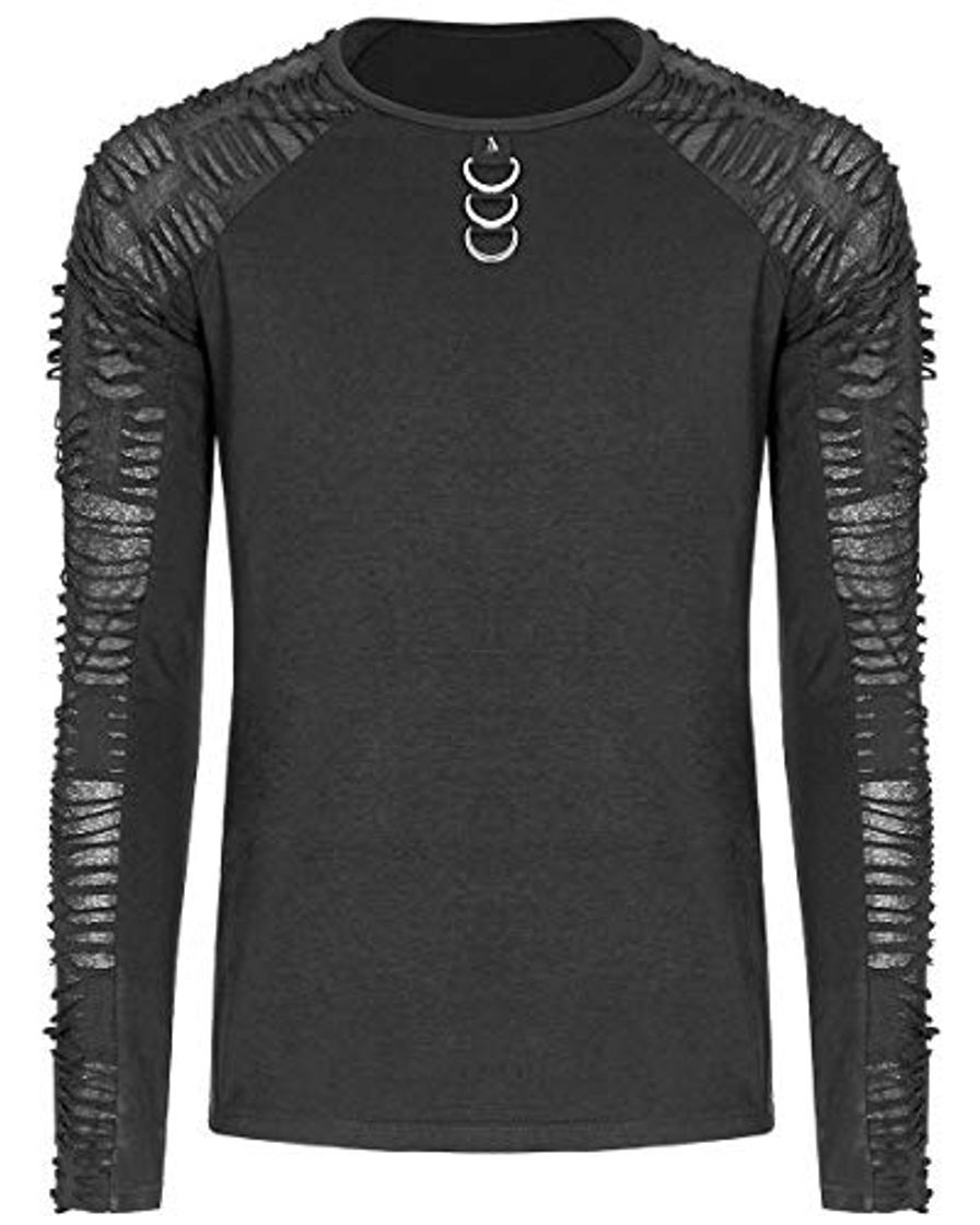 Moda Punk Rave Hombre Dieselpunk Top Negro Gótico Deshilachado Manga Larga Putrefactos Camiseta