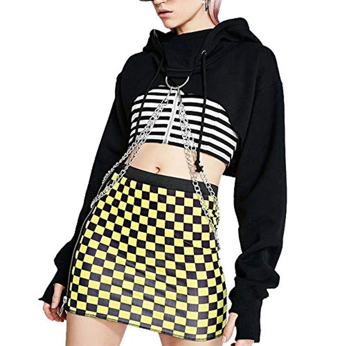 Social Greetuny 1X Harajuku Sudadera Corta Mujer Personalidad Hip Hop Ropa Cadena de