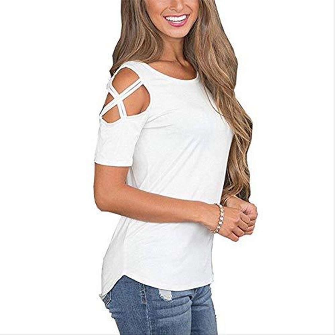 Moda PLDTTXX Camiseta ZSIIBO Women Summer Short Sleeve Strappy Cold Shoulder T-Shirt Tops t