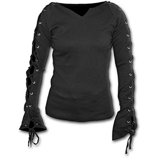 Spiral Direct Gothic Elegance-Laceup Sleeve Top Camisa Manga Larga, Negro