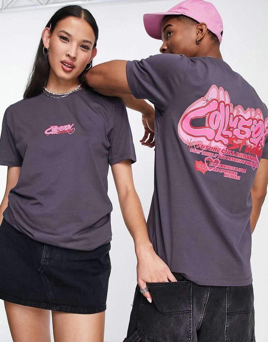 Fashion Camiseta color carbón de corte slim con estampado de corazón de COLLUSION Unisex