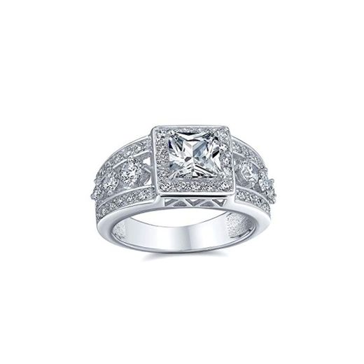 Bling Jewelry Estilo Art Deco Princesa Cuadrado Cut Halo AAA CZ Compromiso Mujer 3 Hileras Ancho Banda Esa Anillo Plata Sterling