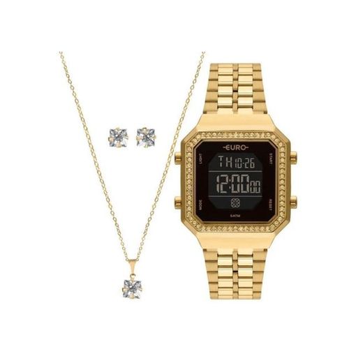 Kit Relógio Feminino Euro Fashion Fit Diamond Dourado