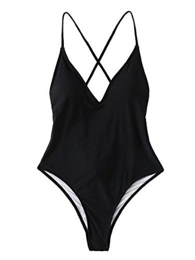 SOLYHUX Mujer Ropa de Baño Vestido de Playa Set Biquini una pieza Con Cuello En V Con Cordones Cruzados En La Espalda， Negro Tamaño S