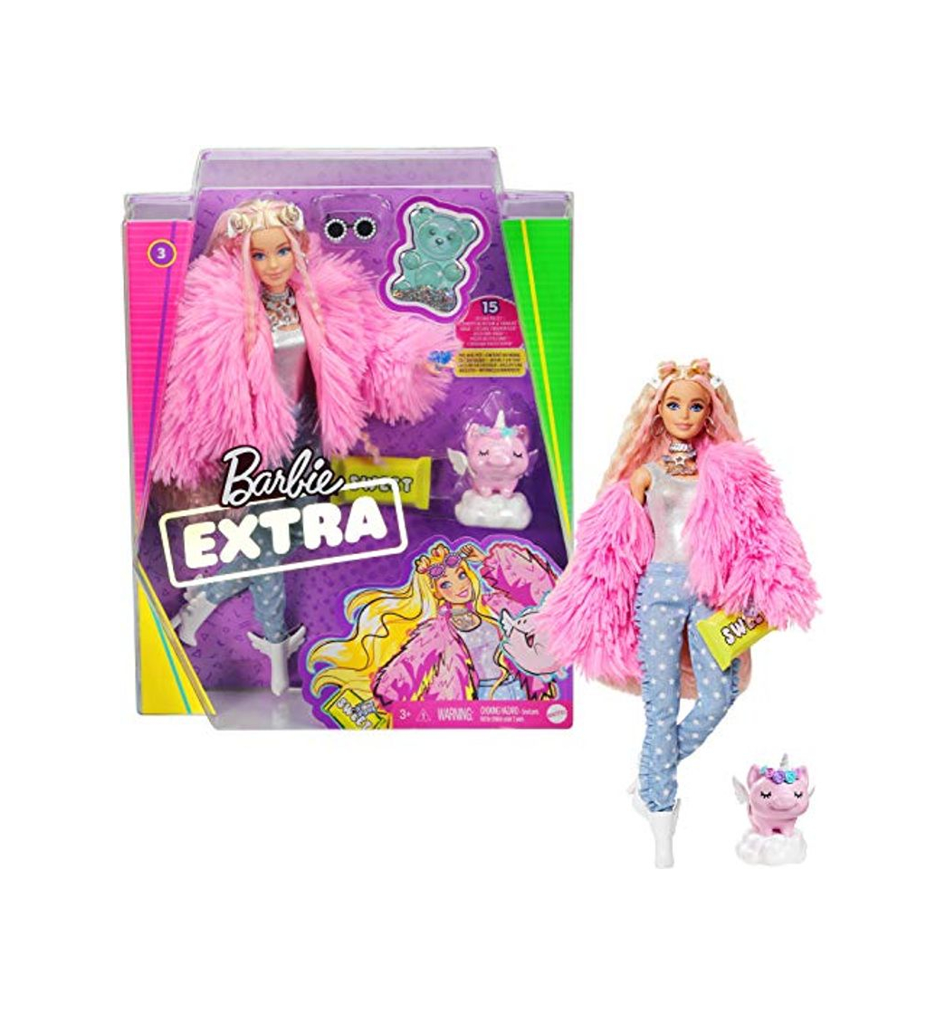 Product Barbie- Muñeca Extra 3 con un Mullido Abrigo de Peluche Rosa, una