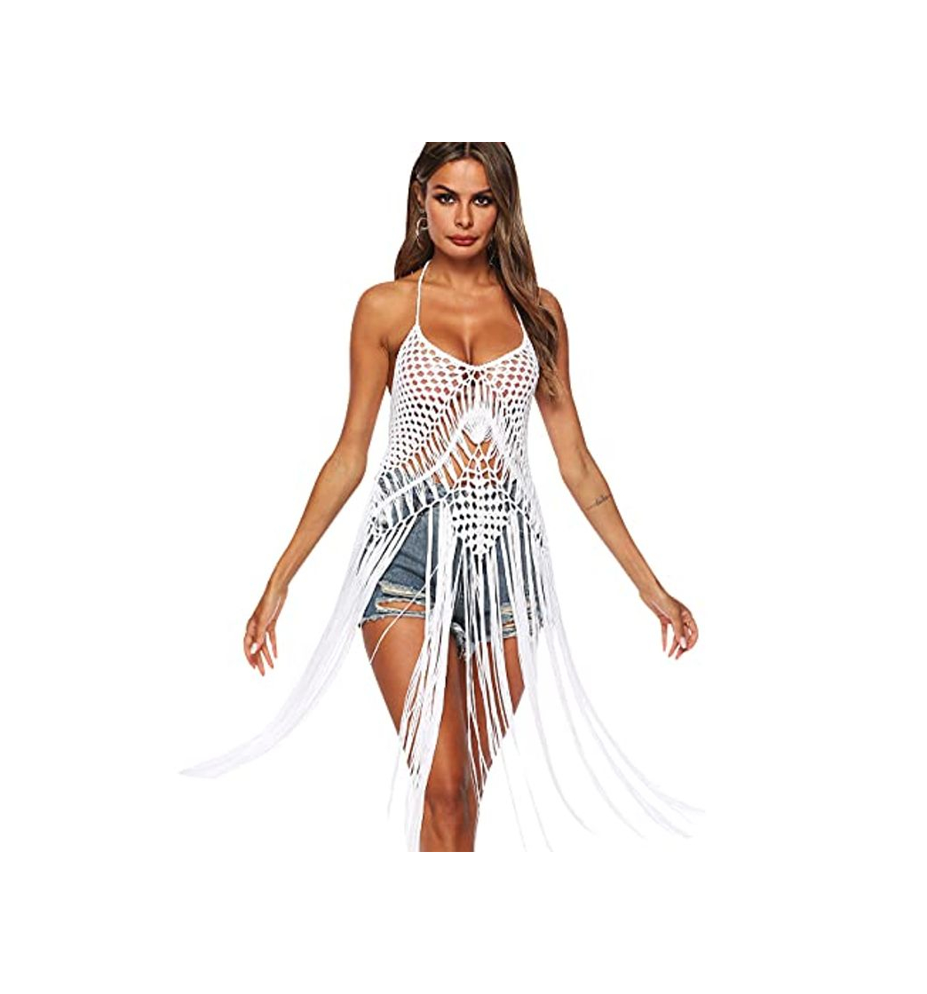 Fashion Vestido Punto Flecos Playa Tejido Mujer Boho Cover Up Beach Vestidos Crochet