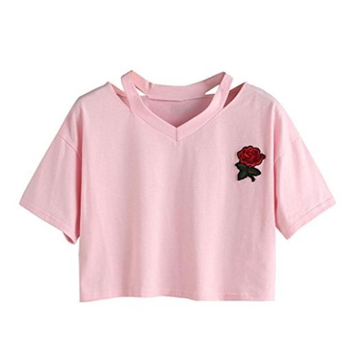 Goodsatar Mujer Rosa Manga Corta Casual Camiseta Mezcla de algodón Cuello en