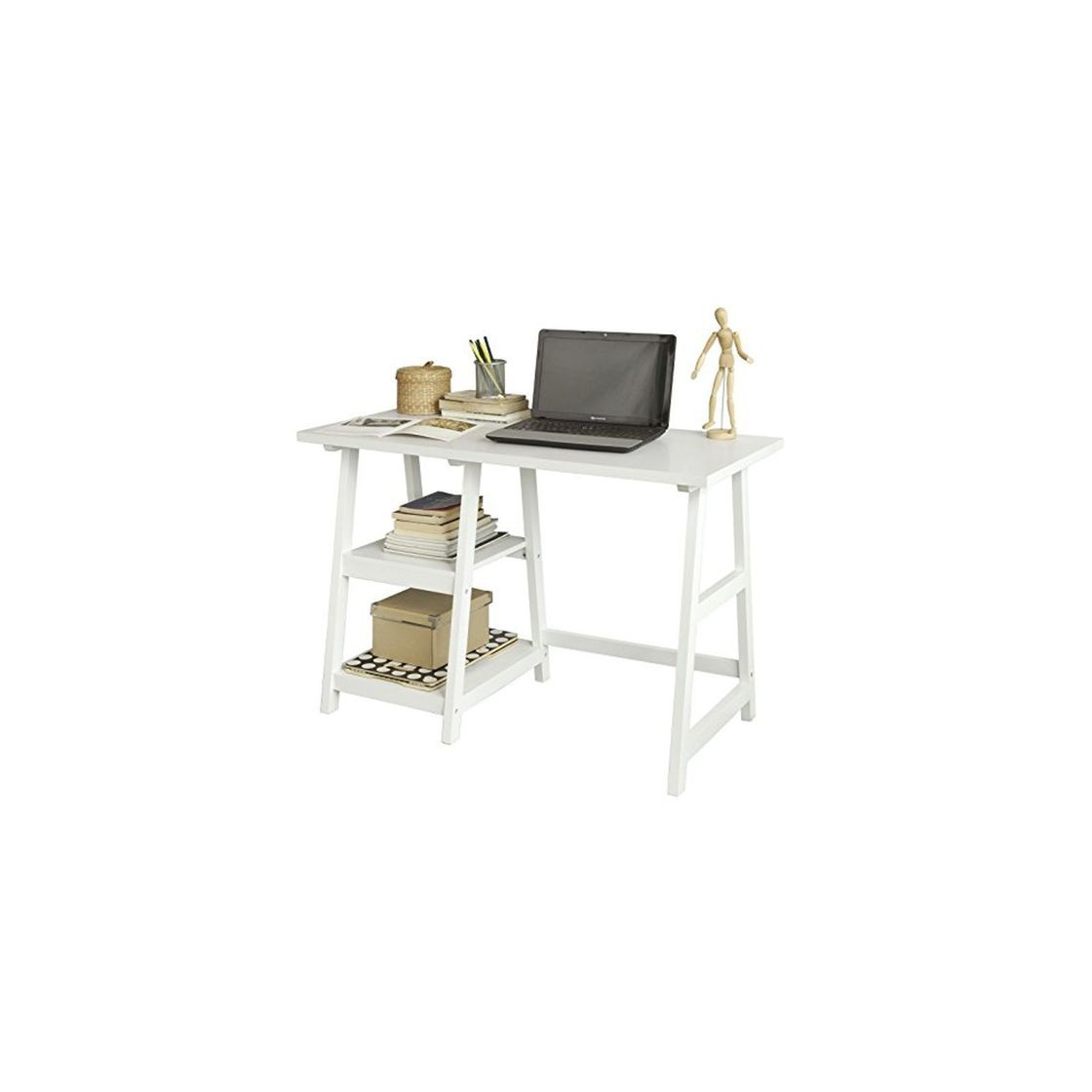 Product SoBuy® Mesa de Escritorio, Mesa de Ordenador con 2 estantes, Color Blanco,