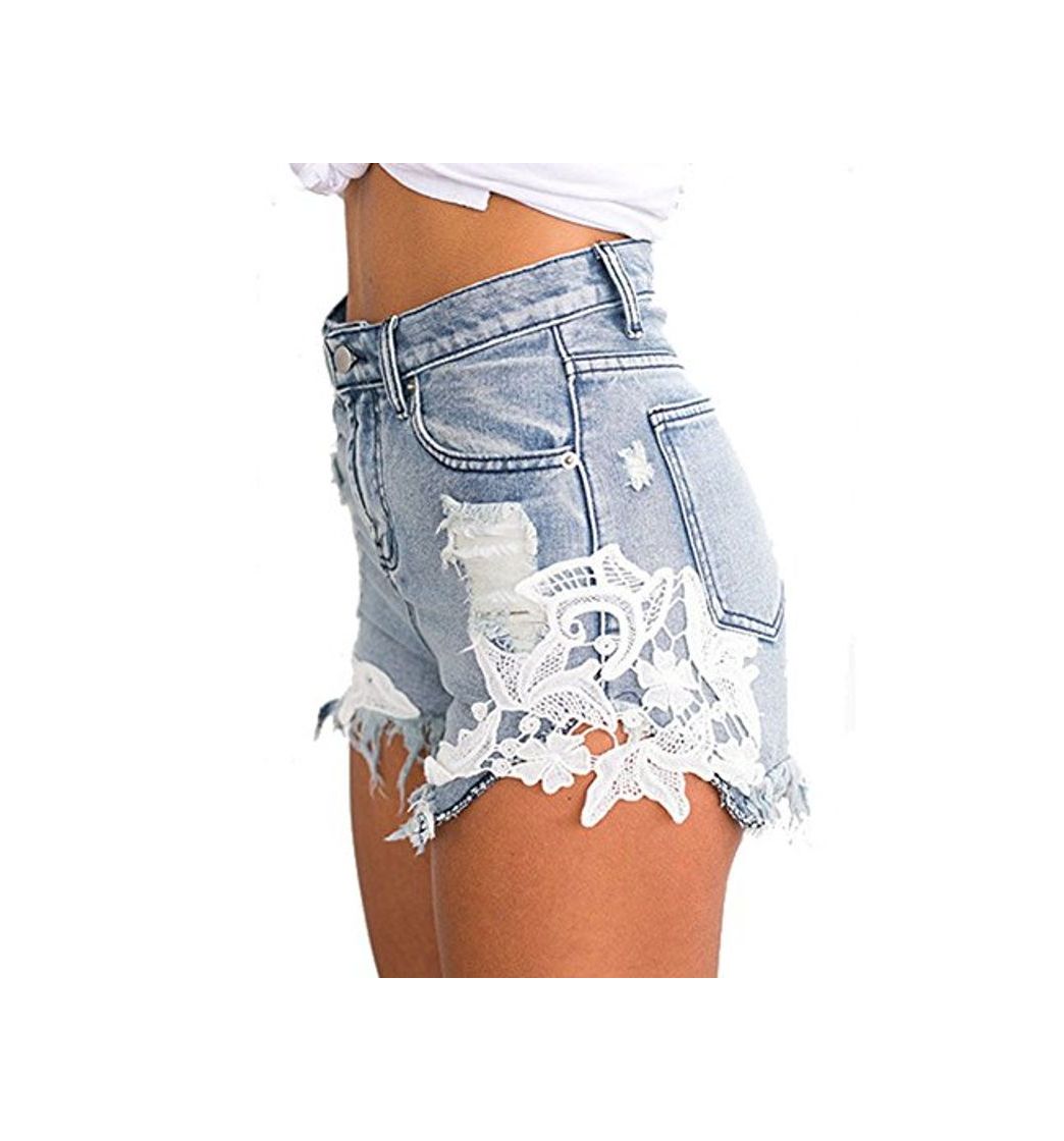 Social DELEY Mujeres Encaje De Ganchillo De La Borla Cintura Alta Pantalones Cortos Vintage Denim Shorts Vaqueros Playa Pants Azul Tamaño XL