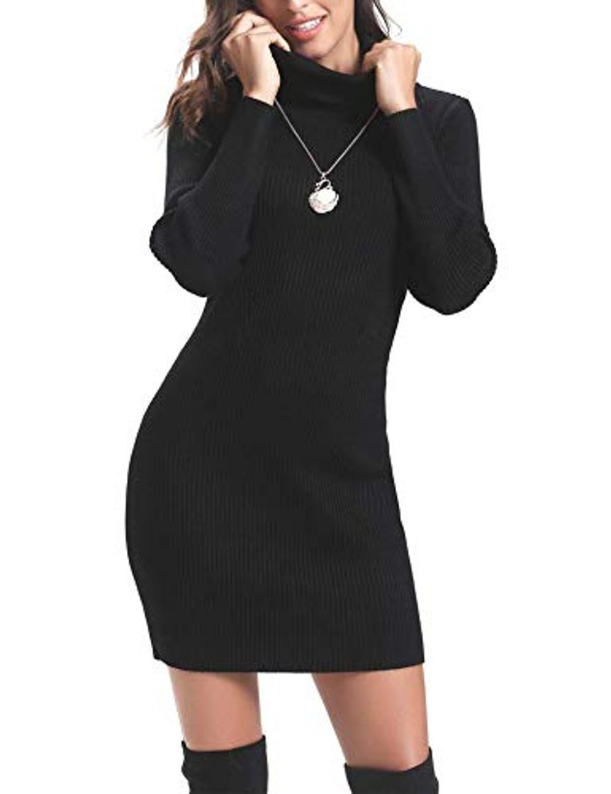 Moda Aibrou Vestido de Punto Cuello Alto para Mujer,Vestido Ajustado Manga Larga Elegante