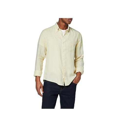 Marca Amazon - find. Camisa de Lino de Manga Larga Hombre, amarillo