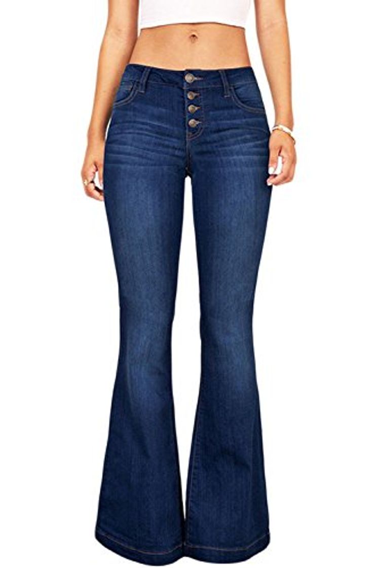 Fashion Suvimuga Las Mujeres De Baja Altura Jeans Pantalones Largos Damas Denim Pantalones Acampanados Pantalones De Campana Azul XL