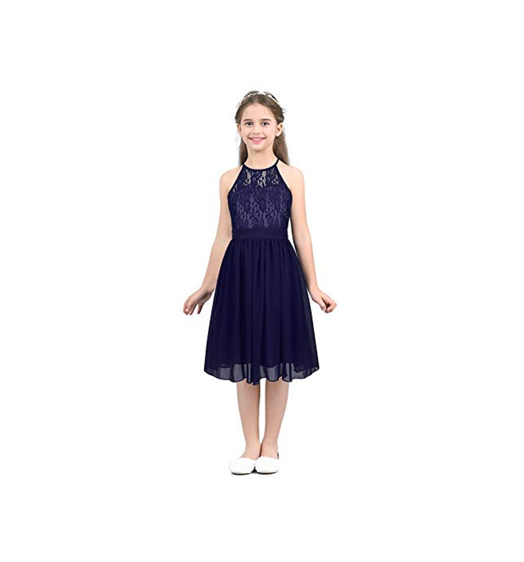 Moda IEFIEL Vestido Princesa Dulce de Fiesta para Niña Vestido Elegante Encaje de Dama de Honor Vestido Cóctel Sin Manga de Boda Ceremonia Navy Blue 12 años